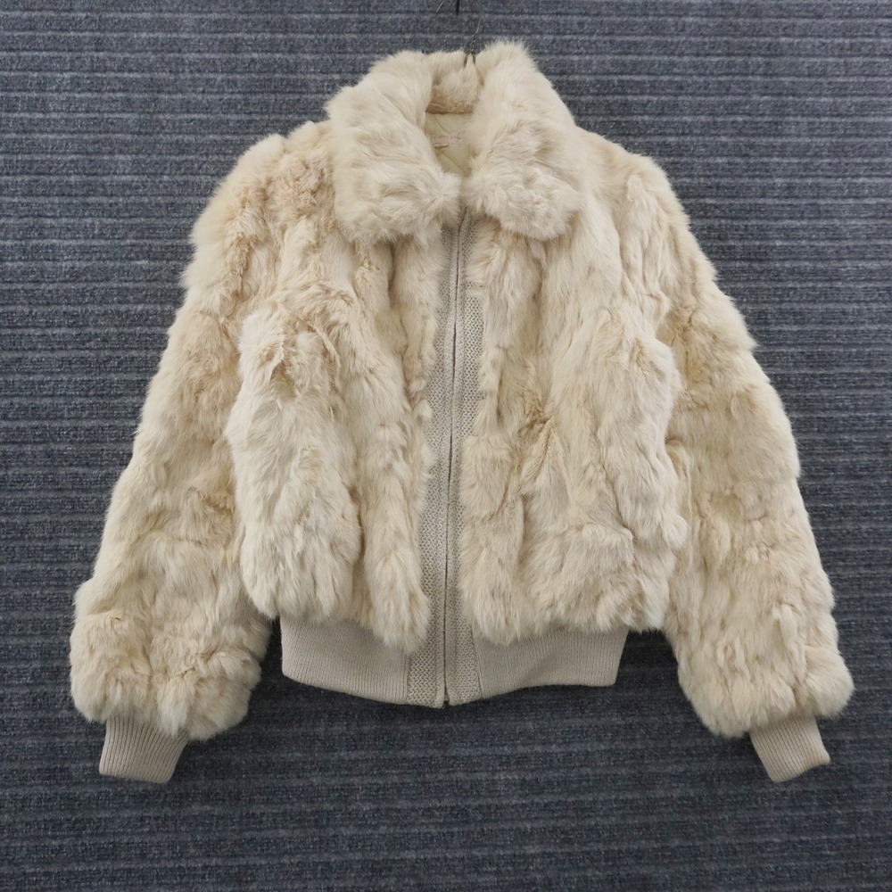Vintage Bomber Jacket Women L Cream Real Rabbit Fur Zip Up Knit Trim